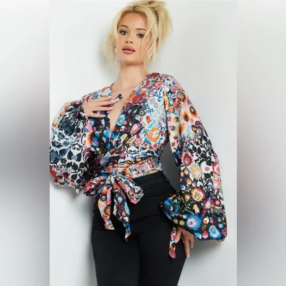 Jovani Beautiful Wrap Around Blouse With Bishop Sleeve Size 6 New With Tags - Picture 13 of 15